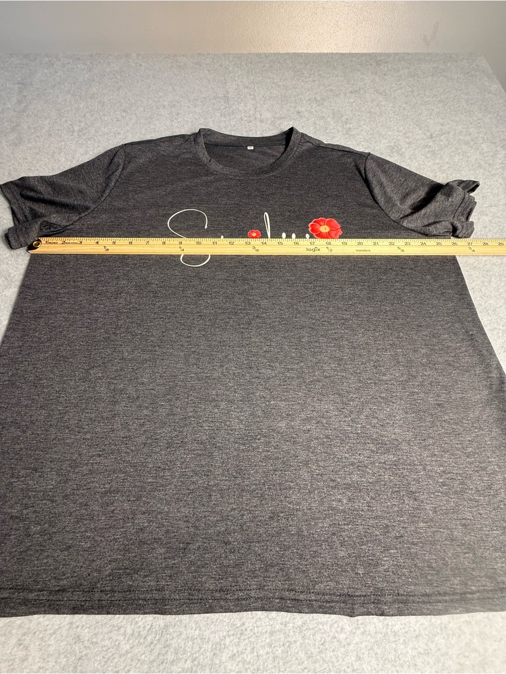 Smile Graphic Tee with Floral Detail Gray Short Sleeve Top Plus Size 3XL - Picture 5 of 9